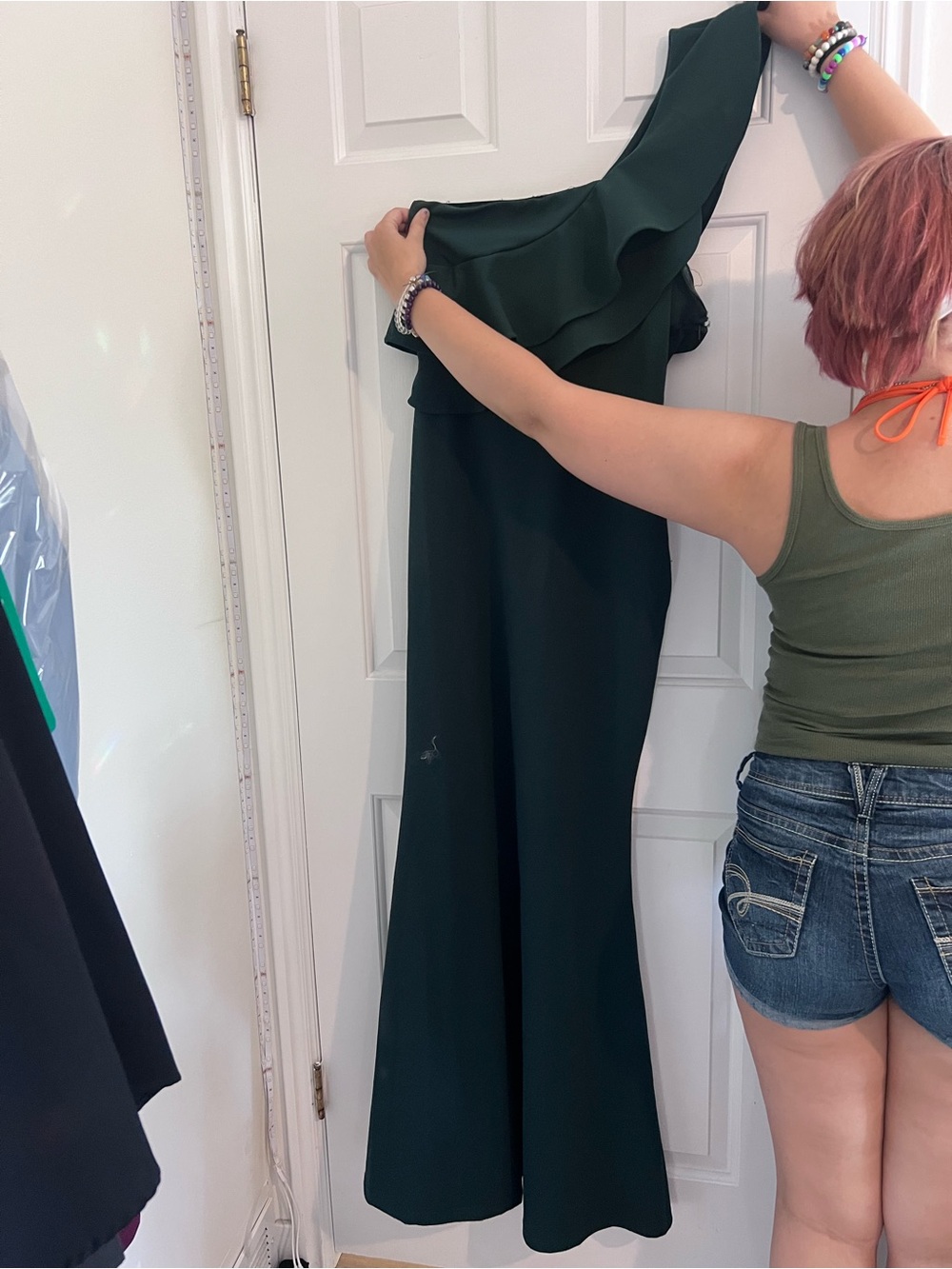 Lulu's Dark Green One-Shoulder Ruffle Maxi Dress - Picture 1 of 7